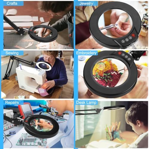 30X 10X Magnifying Glass with Light and Clamp, Real Glass Lighted Magnifier, 5 Color Modes Stepless Dimmable LED Desk Lamp Hands Free for Crafts Hobby Reading Painting Sewing Close Work Black