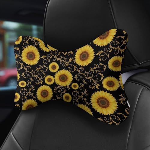 2 Pack Car Headrest Pillow Floral Sunflower Soft Memory Foam Neck Cushion for Neck Pain Relief