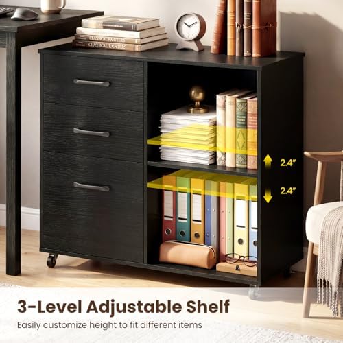 Giantex 3-Drawer Mobile File Cabinet, Rolling Printer Stand with Open Storage Shelves, Under Desk Lateral Filing Cabinet for Letter/A4 Size, Wooden Office Organizer with Wheels for Home Office (Black)