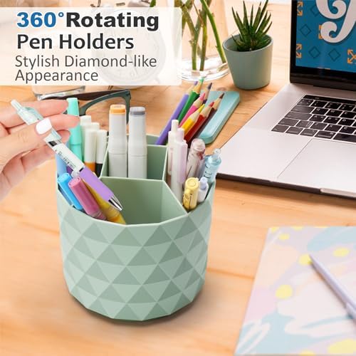 Desk Organizer, 360-Degree Rotating Pencil Pen Holders For Desk, Diamond Pattern Pen Organizer With 5 Compartments, Cute Desk Accessories Decor For Office, School,Home,Art Supply (White)