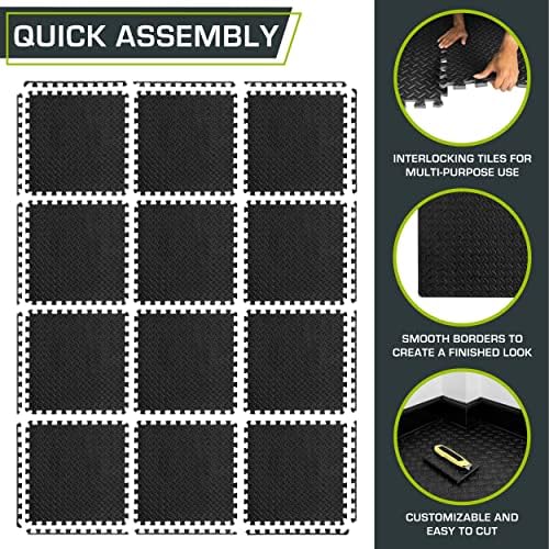 ProsourceFit Exercise Puzzle Mat ½-inch, EVA Interlocking Foam Floor Tiles for Home Gym, Workout Equipment, Kids Play Areas, Black, 48 SQ FT - 12 Tiles