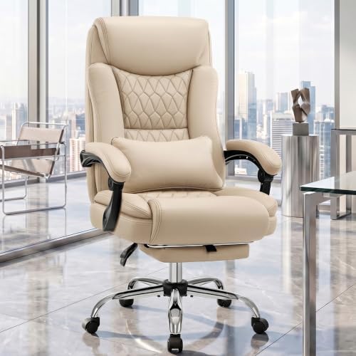 Ergonomic Executive Office Chair PU Leather High Back, 400lbs Heavy Duty Reclining Desk Chair with Footrest, Adjustable Lumbar Support, Padded Armrests, Wide Seat, Khaki
