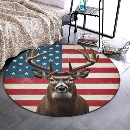 Large Home Decor Mat, Soft Round Yoga Carpet, Non Slip Machine Washable Home Office Circle Rug American Flag Deer