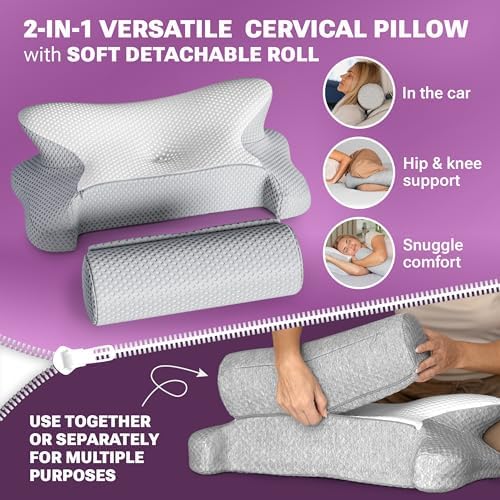 3-in-1 Orthopedic Pillow, Cervical Neck Pillow for Sleeping, Adjustable Height Memory Foam Neck Pillow and Detachable Roll, Contour Pillow for Neck Pain Relief for All Sleeping Positions (White)