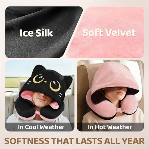Mewaii Travel Neck Pillow, Airplane Pillow with Hood, Memory Foam, Pink