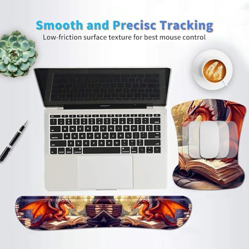 Ergonomic Mouse Pad with Wrist Support Gel Mouse Pads and Upgrade Keyboard Wrist Rest Pad Set, Coasters Non-Slip PU Base Mouse Mat for Office Gaming Computer Laptop Home, Red Dragon Books