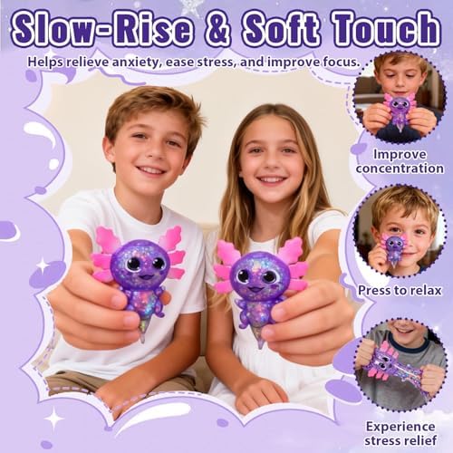 Axolotl Squishy Toy, Cute Slow Rising Fidget Toy for Stress Relief, Soft Squeeze Sensory Toy for Kids and Adults, Handheld Stress Ball for Anxiety and Focus Big Ears Axolotl(Purple)