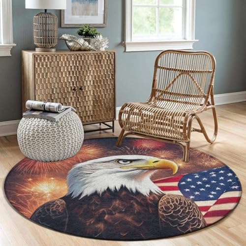 Highly Premium Quality Floor Mat, Office Chair Decor Mat, Room Sofa Yoga Soft Round Carpet Bald Eagle American Flag Fireworks Art, 60inch