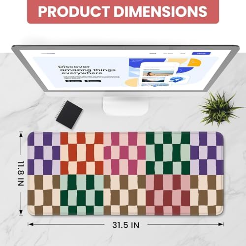 Aesthetic Desk Mat, Cute Checkered Pattern Desk Pad Protector for Work & Decor, 31.5" x 11.8", Pretty Non-Slip Extended Mouse Pad for Office or Home
