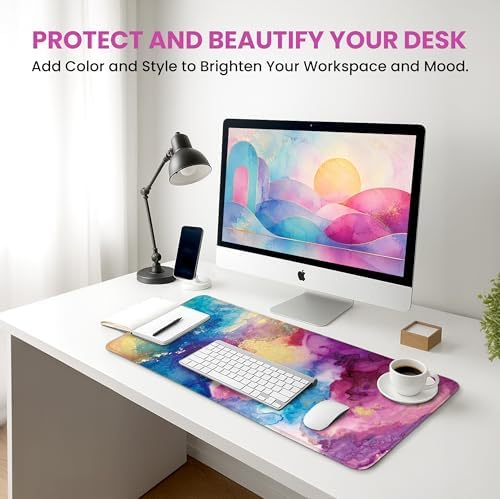 Aesthetic Desk Mat, Cute Color Splash Desk Pad Protector for Work & Decor, 35.4" x 15.7", Pretty Non-Slip Extended Mouse Pad for Office or Home
