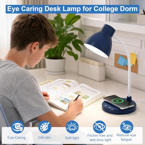 LED Desk Lamp for Home Office with Wireless Charger, Navy Blue