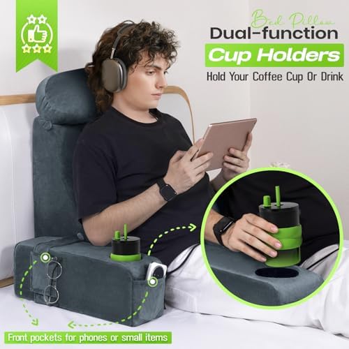 19 INCH Reading Pillow for Adults, Back Pillow for Bed Sitting Up, Backrest Pillow for Sitting in Bed, Detachable Arms with Built-in Cup & Phone Caddy (Dark Gray, 19 INCH)
