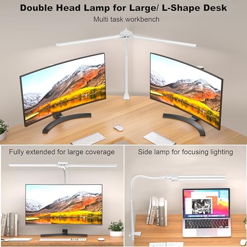 LED Desk Lamp with Clamp, Double Head for Dual Screen, 4 Color Modes,White