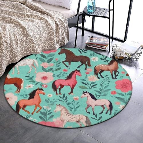 Circular Rugs Large Modern Round Area Rug Fashion Decor Mat for Home Office Floral Flowers Horses