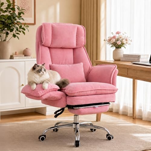 Office Chair with Flip Armrests & Foot Rest,Criss Cross Legged Home Office Desk Chair with Pet Seat,Ergonomic Reclining Computer Gaming Chair,High Back Executive Chair with Lumbar Pillow (Pink)