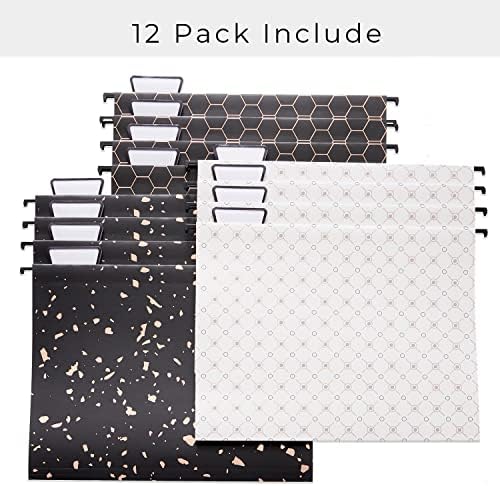 Y YOMA 12 Pack Decorative Hanging File Folders Letter Size Rose Gold File Folder Pretty Hanging Folder Organizer for Filing Cabinet Office Home with 1/5-Cut Adjustable Tabs, 3 Black Foil Design