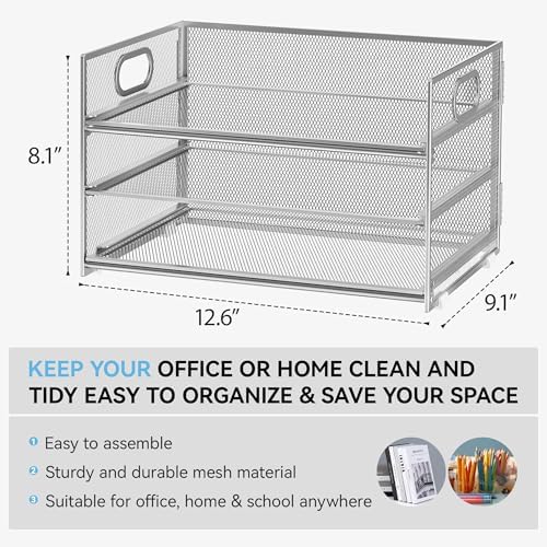 Subekyu 3 Tier Paper Desk Organizer with Handle and 1 PC Slideable Letter Tray, A4 Paper File Folder Sorter Metal Mesh Organizer for Home Office School Desk Supplies Organization Storage, Silver