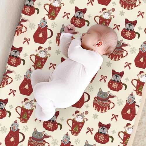 Cute Christmas Cat Bows Winter Holiday Snowflakes Pattern Baby Changing Pad Cover, Unisex Christmas Nursery Diaper Changing Table Pad Mat Sheet for Boys Girls-16x32