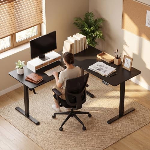 Furmax 63 x 48 Inch L Shaped Standing Desk with 2 Preset Heights, Electric Height Adjustable Computer Table, 2 Hooks & Feet Balance, Corner Sit Stand Desk for Home Office (Black, 63 x 48 Inch)