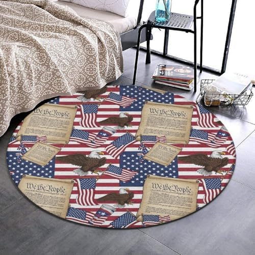 Fashion Round Area Rug Large Non Slip Carpet Unisex Home Decor Mat American Flag Patriotic USA Bald Eagle and Book, 36inch