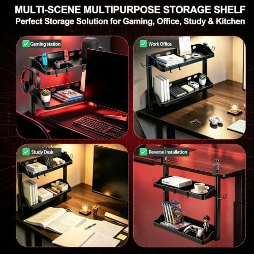 Clamp On Desk Shelf Organizer, 2-Tier Storage with Hooks