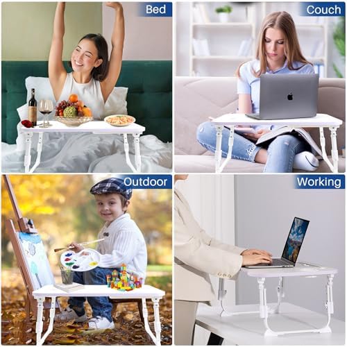 Laptop Desk for Bed, Height Adjustable Laptop Bed Table, Foldable Portable Lap Desk Stand with USB/Storage Drawer/Cup Holder/Slot, Breakfast Tray for Working Reading Writing Eating, White