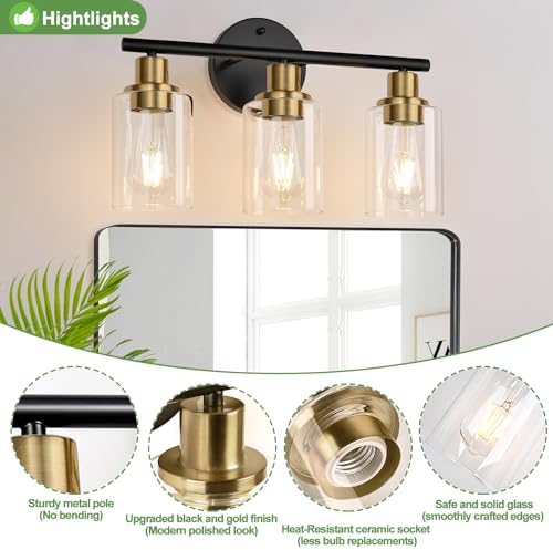 Zarbitta 3-Light Bathroom Light Fixtures, Black and Gold Bathroom Wall Lights, Modern Vanity Light with Clear Glass Shade, Bathroom Wall Lamp for Mirror Kitchen Bedroom Hallway Cabinet