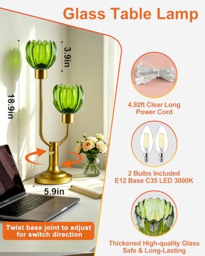 Lightdot Green Glass Flower Table Lamp for Living Room Dimmable Gift