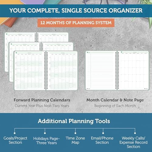 Planner Pad Spiral Bound January-December 2027/ Calendar Year 8 1/2" x 11" Large 3-Tier Funnel Down 12 Month/Weekly Organizer, Greenish Grey Cover/Soft Green Ink