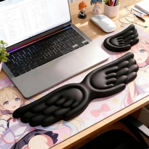 inbesk Angel Wing Wrist Rest Ergonomic Memory Foam Wrist Rest for Computer Keyboard Mouse Set, Cute Gaming Keyboard Cushion Hand Support PU Leather Surface Anti-Slip Waterproof Dirt Resistant (Black)