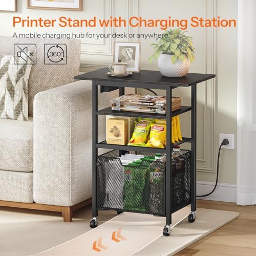 HOOBRO Printer Stand with Hanging File Drawer, Rolling Printer Cart on Wheels, Mobile Filing Cabinet Storage Shelf, Home Office Desk Side Organizer, Black BB17UPS01