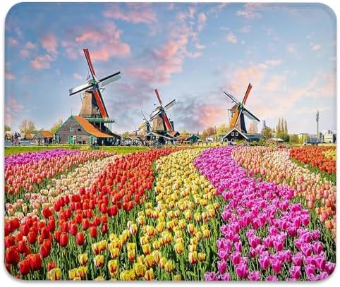 Tulips Flowers Puzzles Landscape Mouse Pad, Holland Windmill Desk Mat