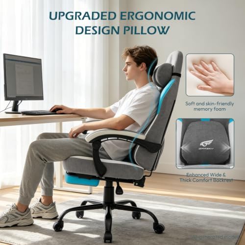 Ergonomic Gaming Chair for Adults - Comfortable Office Computer Chair with 20.5” Wide Seat, Adjustable Video Game Chair with Footrest and Lumbar Support for Home Office, Grey Blue