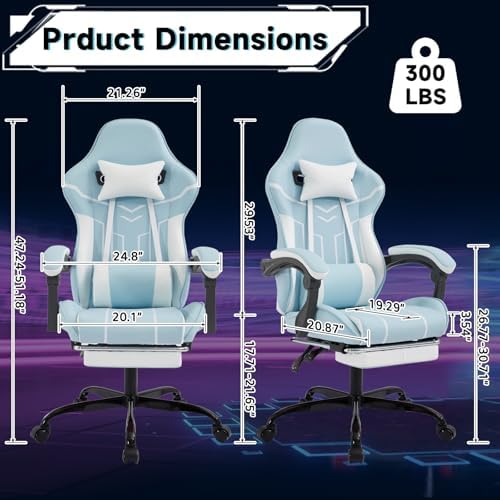 Blue Ergonomic Gaming Chair for Adults with Footrest and Massage