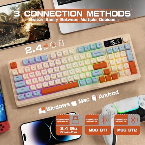 LexonElec M96 Wireless Gaming Keyboard,Knob Control Bluetooth/2.4G Wireless Mechanical Feeling Keyboard,RGB LED Backlit with Display Screen, PBT Keycap, 3000mAh, 94-Key Layout for Win/Mac (Blueberry)