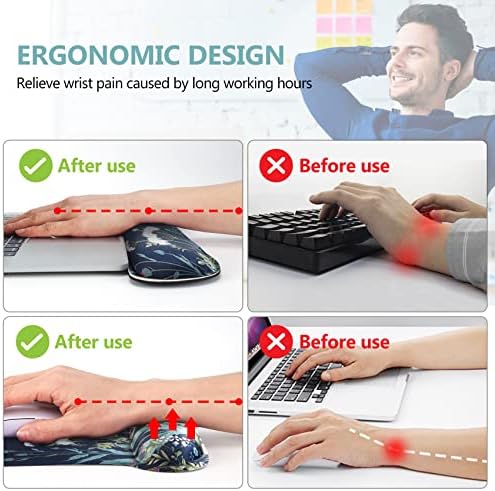 AIMSA Ergonomic Keyboard Wrist Rest and Mouse Pad with Wrist Support Set, Memory Foam Non-Slip Rubber Base, for Home, Office, Easy Typing, Pain Relief, Flowers Plants