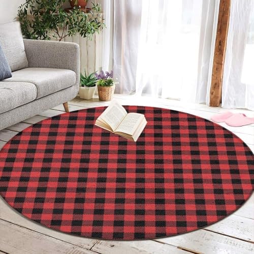 Machine Washable Modern Round Area Rug, Room Sofa Yoga Soft Round Carpet, Home Decor Non Slip Kitchen Office Circle Rug Christmas Tartan Red Black Buffalo Check Plaid, 60inch