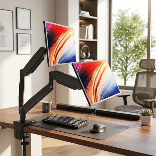 Dual Monitor Mount, Gas Spring Monitor Arm for 2 Monitors up to 32 Inches, Fully Adjustable VESA Desk Mount with C-Clamp and Grommet Base, Black