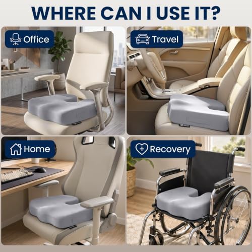 5 STARS UNITED Seat Cushion - Memory Foam Chair Cushion for Tailbone Pain Relief - Ergonomic Support for Coccyx, Sciatica & Butt - Office, Desk & Gaming Chair, Car Seat, Wheelchair, Airplane, L Gray