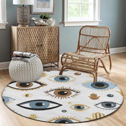 Large Machine Washable Circular Rugs, Home Decor Round Mat for Living Room Sofa Office Evil Eye