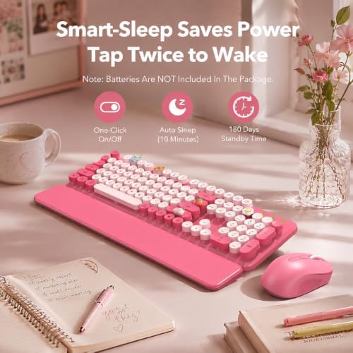 Wireless Keyboard and Mouse Combo, Round Keycaps, Magnetic Wrist Rest, Pink