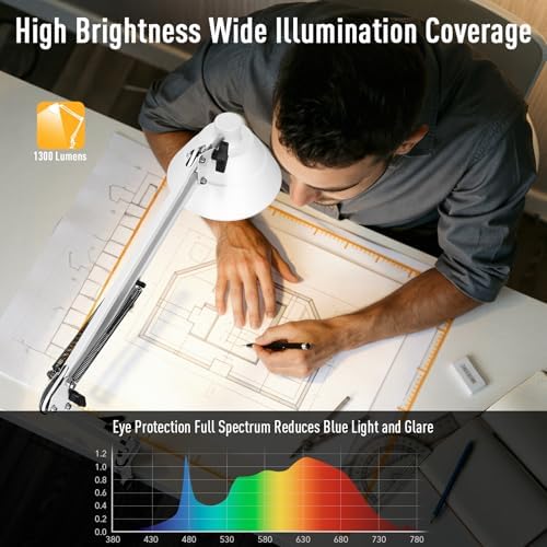 Led Desk Lamp for Home Office - Swing Arm Desk Lamp with Clamp - Architect Adjustable Gooseneck Table Lamp with 5 Color Modes & 10 Brightness for Reading Working Drafting (White)