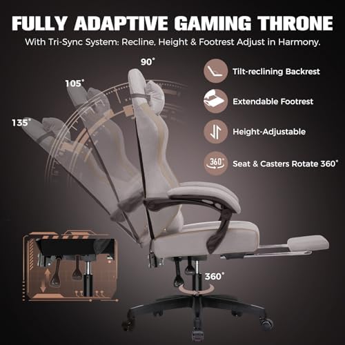GTPLAYER Gaming Chair, Ergonomic Computer Chair with Footrest and Lumbar Support, High Back Recliner Chair 350lbs, Height Adjustable for Home Office, Light Brown
