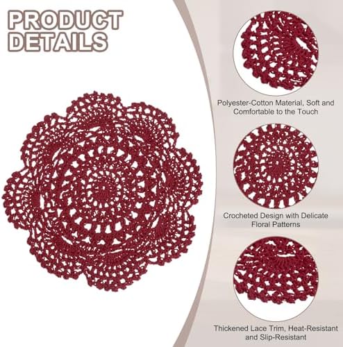 uxcell 6 Pcs Crochet Handmade Placemat Doilies for Table 7.9" Burgundy