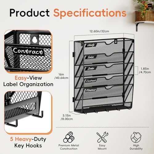 6-Tier Wall File Organizer with Hook, Hanging File Organizer Black