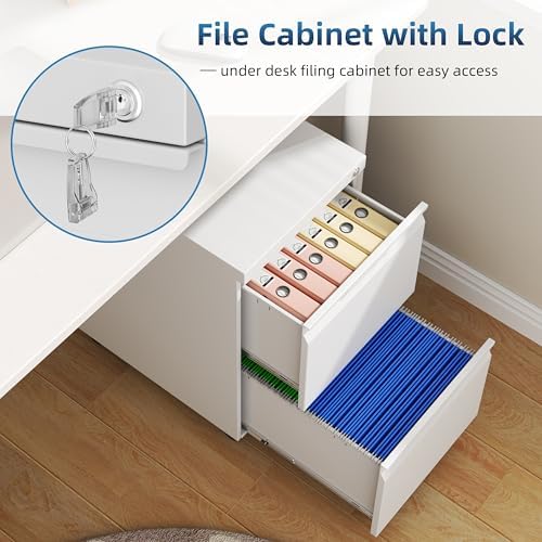 File Cabinet with Lock, 2 Drawer Mobile File Cabinet with Wheels, Metal Vertical File Cabinets for Home Office, Rolling Filing Cabinets Under Desk Storage for Letter/Legal/A4 Files