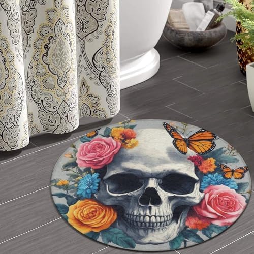 Large Home Decor Mat, Soft Round Yoga Carpet, Non Slip Machine Washable Kitchen Office Circle Rug Flower Sugar Skull