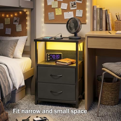 Fixwal Night Stand with Charging Station, Black Led Nightstand, 2 Drawers