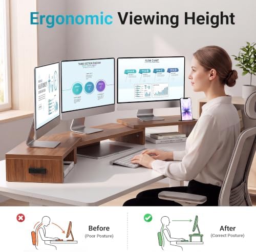 BONTEC Triple Monitor Stand Riser with Smartphone Holder, Walnut