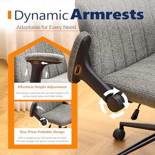 VINGLI Criss Cross Chair with Adjustable Flip-Up Arms,Cross Legged Chair with Wheels, Extra Wide Office Chair,Cozy Desk Chair for Home Office, Vanity, Apartment,Chenille Velvet,Grey